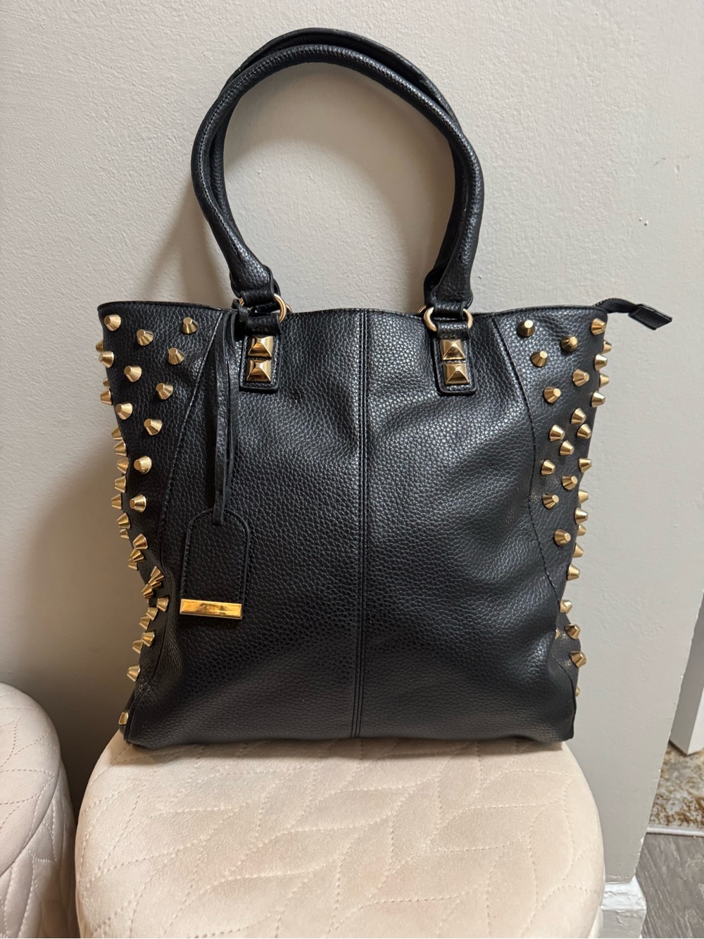 Black faux Leather Studded Tote Bag with Gold Accents